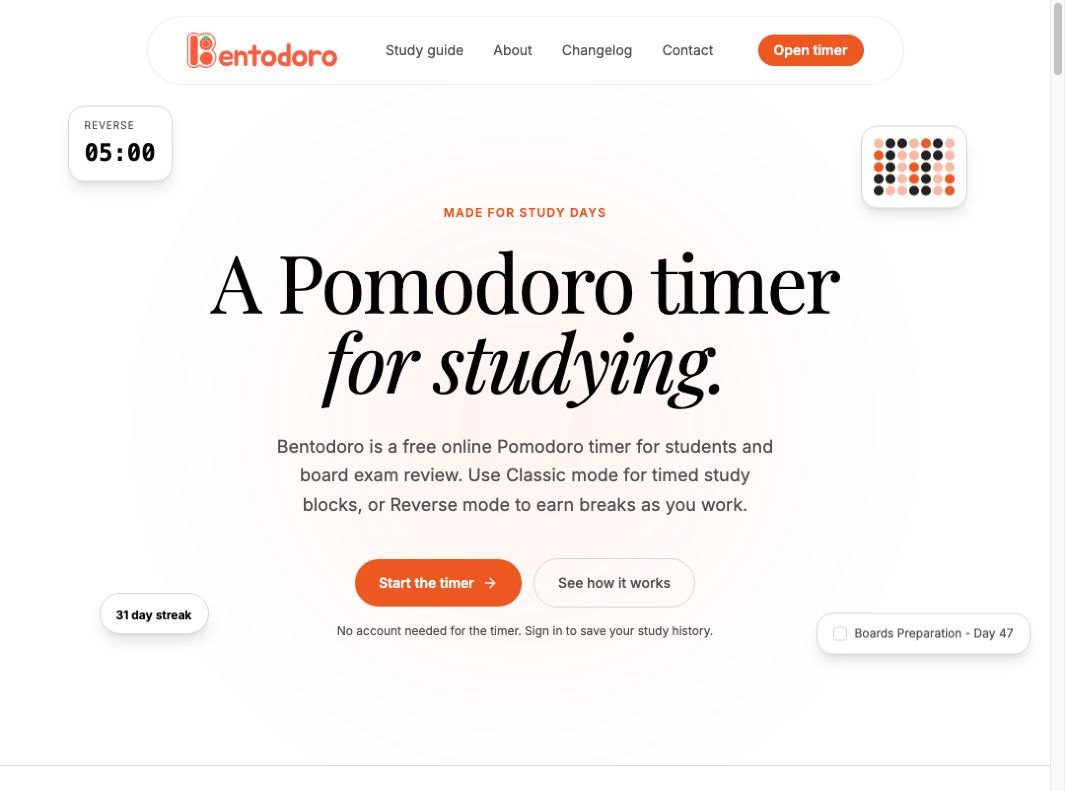 Bentodoro homepage with a large Pomodoro timer for studying headline and orange start button