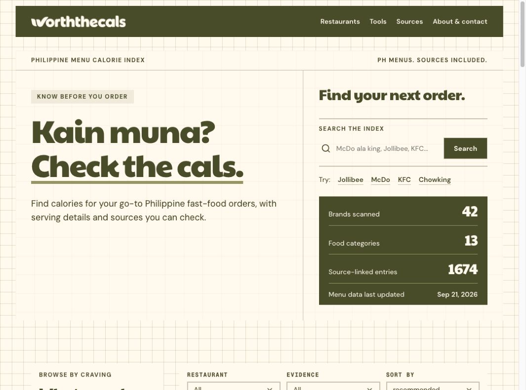 worththecals homepage with a menu search and source-linked calorie index for Philippine restaurants